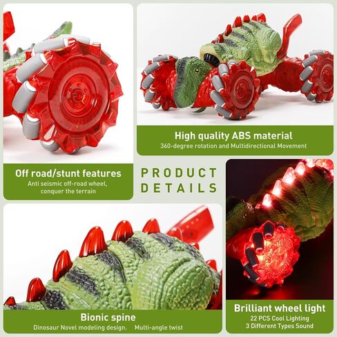 Gesture Sensing RC Car,Dinosaur RC Toys car for Kids,2.4GHz LED RC Car, 4WD Rotation RC Stunt Car with Lights and Music,4WD Stunt Cars Toys for Kids Ages 6-12 yr Gifts for Boys Girls (Red) in Saudi Arabia