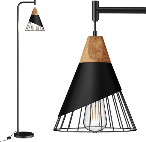 67" Industrial Floor Lamp with Wood & Black Metal Shade, Modern Standing Lamp, Rustic Farmhouse Tall Lamp for Living Room Bedroom Office, 2700K Bulb & Foot Switch Included (Black) in Saudi Arabia