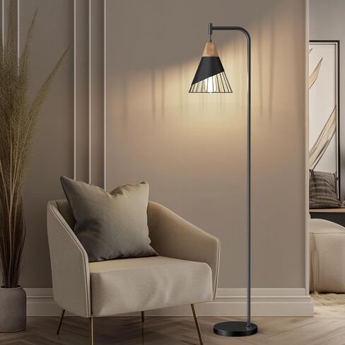 67" Industrial Floor Lamp with Wood & Black Metal Shade, Modern Standing Lamp, Rustic Farmhouse Tall Lamp for Living Room Bedroom Office, 2700K Bulb & Foot Switch Included (Black) in Saudi Arabia