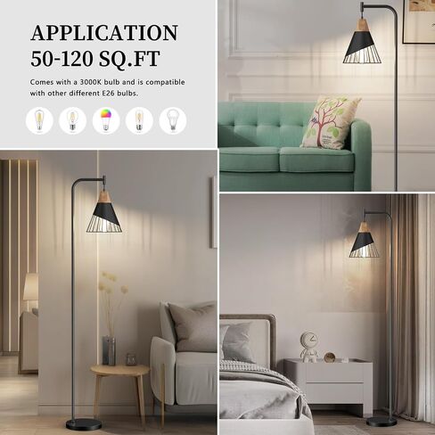 67" Industrial Floor Lamp with Wood & Black Metal Shade, Modern Standing Lamp, Rustic Farmhouse Tall Lamp for Living Room Bedroom Office, 2700K Bulb & Foot Switch Included (Black) in Saudi Arabia