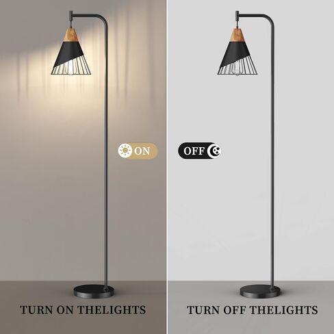 67" Industrial Floor Lamp with Wood & Black Metal Shade, Modern Standing Lamp, Rustic Farmhouse Tall Lamp for Living Room Bedroom Office, 2700K Bulb & Foot Switch Included (Black) in Saudi Arabia
