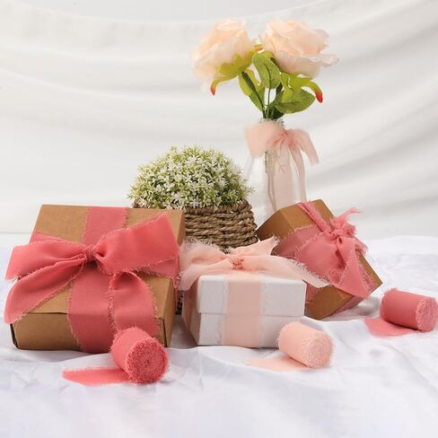 Chiffon Ribbon, 3 Rolls Frayed Ribbon Pink Frayed Edge Ribbons 1.5" x 20 Yd Handmade Fringe Chiffon Silk Ribbons for Gift Wrapping Bridal Bouquets Wedding Invitations DIY Crafts Birthday Mother's Day in Kuwait