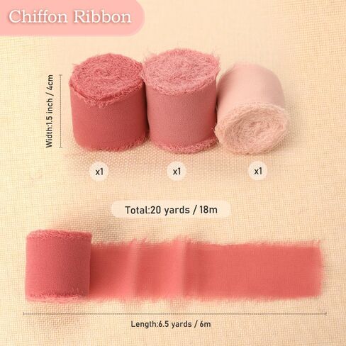 Chiffon Ribbon, 3 Rolls Frayed Ribbon Pink Frayed Edge Ribbons 1.5" x 20 Yd Handmade Fringe Chiffon Silk Ribbons for Gift Wrapping Bridal Bouquets Wedding Invitations DIY Crafts Birthday Mother's Day in Kuwait