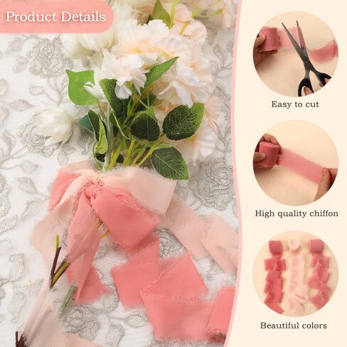 Chiffon Ribbon, 3 Rolls Frayed Ribbon Pink Frayed Edge Ribbons 1.5" x 20 Yd Handmade Fringe Chiffon Silk Ribbons for Gift Wrapping Bridal Bouquets Wedding Invitations DIY Crafts Birthday Mother's Day in Kuwait