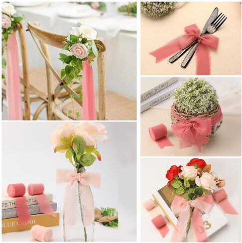 Chiffon Ribbon, 3 Rolls Frayed Ribbon Pink Frayed Edge Ribbons 1.5" x 20 Yd Handmade Fringe Chiffon Silk Ribbons for Gift Wrapping Bridal Bouquets Wedding Invitations DIY Crafts Birthday Mother's Day in Kuwait
