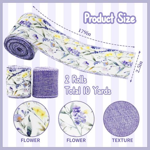 2 Rolls Lavender Wired Edge Ribbon - 2.5 Inch, 5 Yards Each, Spring Summer Lavender Grosgrain Ribbon with Wired Edge for Wedding Decor, Gift Wrapping & DIY Crafts, Mother's Day Gift in Saudi Arabia