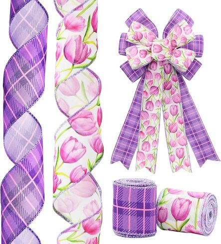 2 Rolls Lavender Wired Edge Ribbon - 2.5 Inch, 5 Yards Each, Spring Summer Lavender Grosgrain Ribbon with Wired Edge for Wedding Decor, Gift Wrapping & DIY Crafts, Mother's Day Gift in Saudi Arabia