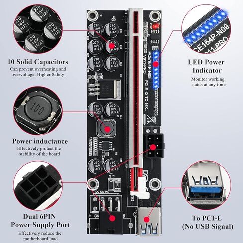 6 Pack PCI E 1X to 16X V009S Plus Riser Card with 7 PCI E 1X Plug in Adapter Card with 24in USB 3.0 Extension Cable for Bitcoin Crypto Mining Ethereum Mining in Kuwait