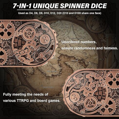 DND Spinner Dice - 7-in-1 Metal Dice Set with Rotating Spinner Design & 3D Fantasy Motifs for Dungeons & Dragons | Polyhedral DND Dice Set for RPG Players, DM & Tabletop Games (Ancient Gold) in Saudi Arabia