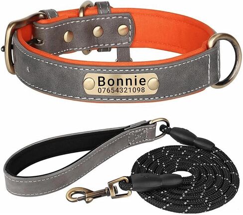 Genuine Leather Dog Collar Personalised Engraved Name Collar with Soft Padded Design Adjustable & Durable for Small Medium Large Dogs Leash Set Custom Heavy Duty Featuring in Kuwait