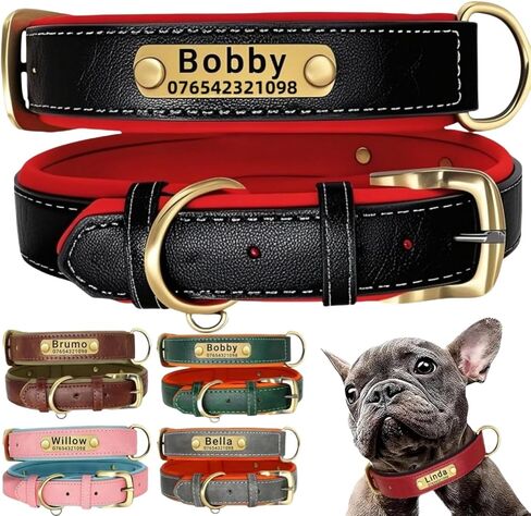 Genuine Leather Dog Collar Personalised Engraved Name Collar with Soft Padded Design Adjustable & Durable for Small Medium Large Dogs Leash Set Custom Heavy Duty Featuring in Kuwait