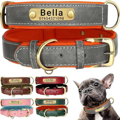 Genuine Leather Dog Collar Personalised Engraved Name Collar with Soft Padded Design Adjustable & Durable for Small Medium Large Dogs Leash Set Custom Heavy Duty Featuring in Kuwait