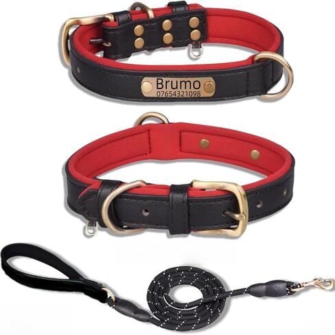Genuine Leather Dog Collar Personalised Engraved Name Collar with Soft Padded Design Adjustable & Durable for Small Medium Large Dogs Leash Set Custom Heavy Duty Featuring in Kuwait