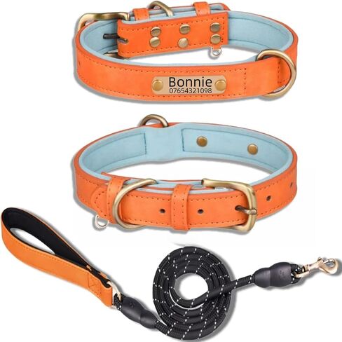Genuine Leather Dog Collar Personalised Engraved Name Collar with Soft Padded Design Adjustable & Durable for Small Medium Large Dogs Leash Set Custom Heavy Duty Featuring in Kuwait