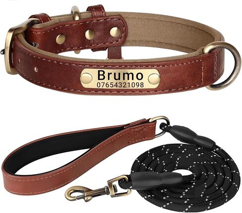 Genuine Leather Dog Collar Personalised Engraved Name Collar with Soft Padded Design Adjustable & Durable for Small Medium Large Dogs Leash Set Custom Heavy Duty Featuring in Kuwait