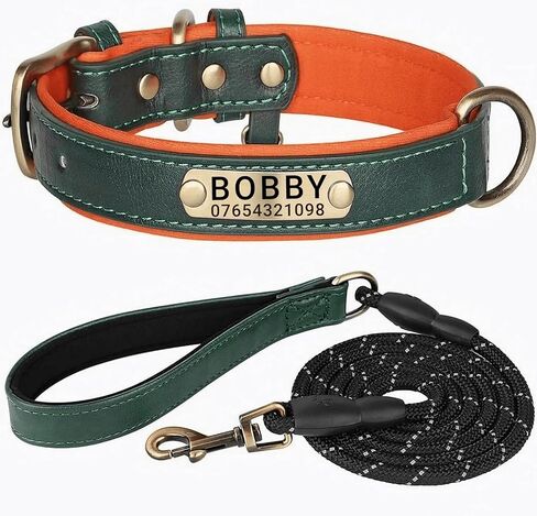 Genuine Leather Dog Collar Personalised Engraved Name Collar with Soft Padded Design Adjustable & Durable for Small Medium Large Dogs Leash Set Custom Heavy Duty Featuring in Kuwait