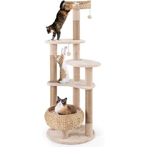 PETSITE 65 inch Cattail Cat Tree Tower, Multi-Level Cat Tower with Natural Jute Scratching Posts, Cat Bed, Top Perch, Dangling Balls and Jumping Platforms, Modern Tall Cat Tree for Indoor Cats