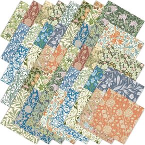 40Pcs William Morris Cotton Fabric Bundles 10 x 10 Inch Retro Floral Fabric Squares Spring Sewing Fabrics for DIY Craft Party Decor