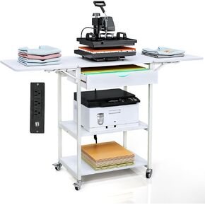 TC-Homeny Movable 3 Tier Heat Press Table ، حامل آلة نقل الحرارة القابلة للطي مع حامل لفائف الفينيل ، حامل عربة المائدة الحرارية مع محطة شحن لآلة نقل DIY (بني)