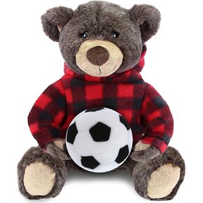 DolliBu Brown Bear Stuffed Animal with Soccer Ball Plush and Red Plaid Hoodie - Super Soft Grizzly Bear Plush Toy, Cute Teddy Bear Gift for Kids and Adults - 10 Inch