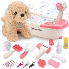 deAO Dog Bath Toys Bathtub Set for Kids 15 pcs Pet Care Play Set,Real Working Bathtub with Detachable Shower Spray and Accessories,Pretend Role Play for Toddlers 3+Years Old Christmas Birthday Gifts