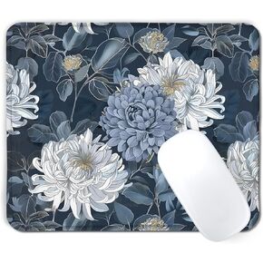 Blue and White Floral Mouse Pad, Luxury Gold Chrysanthemum Flower Mousepad Mouse Mat with Non-Slip Rubber Base for Home Office Desk Accessories, Aesthetic Office Supplies, 9.5x7.9 Inch