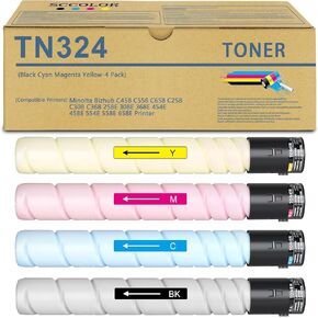 TN-324 TN324 Toner Cartridge Black Cyan Magenat Yellow Replacement for Konica Minolta TN-324 TN324 Toner Cartridges Works with bizhub C458 C558 C658 C258 C308 C368 Printer