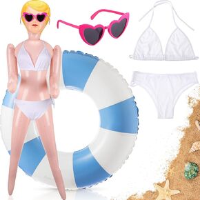 4 Pcs Summer Inflatable Blow up Doll Set Includes 59 Inches No Moving Parts Doll Striped Large Swim Ring Floats Love Heart Shaped Sunglasses White Swimsuit Costume Set for Hawaiian Party