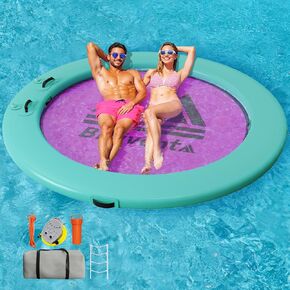 Round Inflatable Floating Dock, Sunchill Float Ring Water Hammock for Adults, Large Tanning Pool Lake Raft with Comfortable Mesh Center, Foot Pump Quick Inflate with Soft Ladder, 8FT