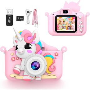 Kids Toy Camera, Toddler Digital Camera, Portable Video Digital Camera for 3-12 Years Old Boys and Girls, Kids Christmas Birthday Gift with 32G SD Card and USB Card Reader (Unicorn-Pink)