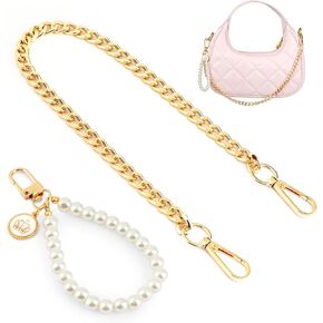 2 PCS Medium Size Fabulous Metal Shoulder Crossbody Purse Strap Replacement Bag Chain Accessories, Pearl Crown Chain Pendant for Hand Bag Key Ring Charm Gifts(Gold, 18" / 45cm)