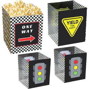4E's Novelty 4 Pack Racing Theme Bucket Centerpiece - Race Car Party Decorations for Treats & Popcorn, Race Car Centerpieces for Tables Checkered Box for Race Car Birthday Party Supplies