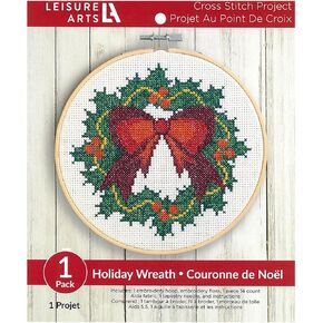 LEISURE ARTS Cross Stitch Kits 6" Holiday Wreath, Embroidery Kit, Cross Stitch Kits, Hobby, Craft Kits for Adults, Embroidery Patterns, for Beginners Adults