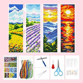 Zhenging 4-Piece Four Seasons Landscapes Cross StitchBookmark Kit | 11x13 Inch Embroidery Cloth withNeedles,Threader, Scissors & Tools DlY Landscape CraftSet for Beginners
