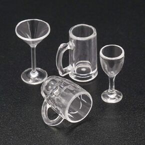 4Pcs Clear Glass Dollhouse Drinking Glasses Miniature: 1/12 Scale Wine Cocktail Glass for Kitchen Bar - Mini Beer Mug Stein Highball