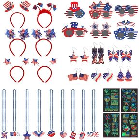 31pcs 4th of July Patriotic Party Favors Decorations with Earrings for Women,4th of July Headbands,Necklaces for Men,American Flag Glasses, Temporary Tattoo Stickers for Kids Party Supplies