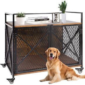 Dog Crate Furniture with Cushion, 41"L Wooden Dog Crate End Table with Double Doors, Chew-Resistant Dog Kennel Indoor, Heavy Duty Dog Crate with Wheels, Rustic Brown (41"L x 23.6 "W x 35.8 "H)