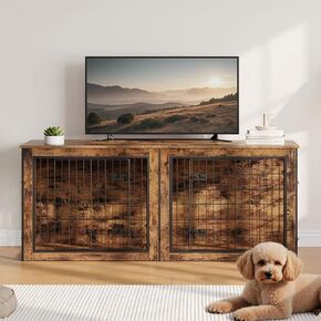 HOOBRO Dog Crate Furniture for 2 Dogs, 63" Large Double Dog Crate Furniture with Divider, Wooden Indoor Dog Kennel TV Stand for Medium Large Dogs, Rustic Brown BF55GW03