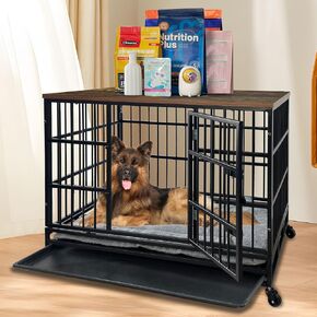 38 inch Heavy Duty Indestructible Dog Crate Furniture with Cushion and Removable Tray for Large Medium Dogs High Anxiety Wooden Dog Cage Kennel with Lockable Wheels