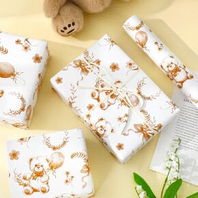 JarThenaAMCS Bear Wrapping Paper -Mini Roll- 17In x 32.8Ft Brown Balloon Bear Flower Gift Wrap Paper Baby Shower Craft Paper for DIY Craft Supplies
