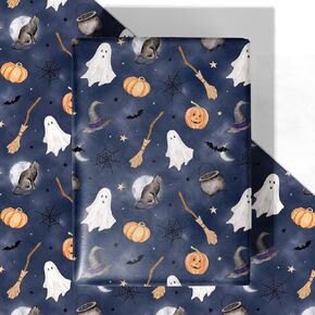 WRAPLULU Blue Halloween Wrapping Paper - 4 Jumbo Sheets, 28 * 40 Inches - Spider, Ghosts, Waith Hats, Cats and Pumpkin Watercolor Spooky Gift Wrap, Perfect for Halloween's Decorations, Holiday
