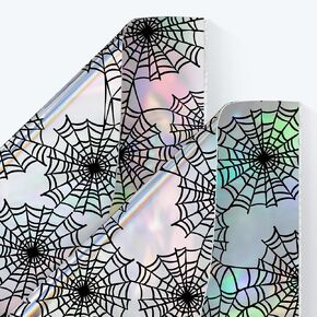 Cheerland Spiderweb Halloween Wrapping Sheets Iridescent Cobwebs Holographic Spider Web Gift Wrap with Black Spider Tags for Spooky Halloween Birthday Bridal Shower Party Supplies 12pcs