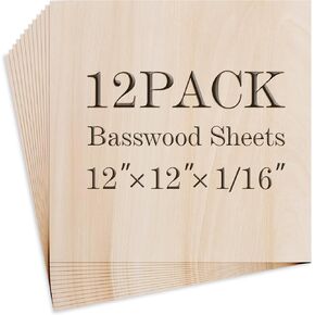 Balsa Wood Sheet, 36Pack Plywood Sheets, Basswood Sheets 12X12X1/16 Inch, Unfinished Wood Boards Blanks for Laser Cutting, Engraving, Burning, Crafts(H305/17-36)