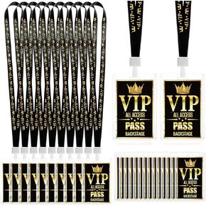 25 Sets VIP Badge Lanyards with Plastic VIP Pass Card Holder Black and Gold VIP Pass Cards Breakaway Lanyard PVC for Backstage Concert Event Birthday Award Movie Night Party Organizer