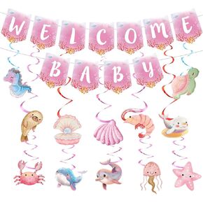 Under The Sea Welcome Baby Banner for Girl Pink Baby Shower Decorations Ocean Animals Hanging Swirls Welcome Baby Backdrop for Under the Sea Baby Shower Birthday Party Decorations Supplies