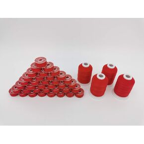 DOUBLELIN Sewing Thread Combo, 36pcs Size L, Style L, SA155, Size 9.4 prewound Bobbin + 4 spools top Thread, 800C Red Color, 40S/2 34wt Spun Polyester (Size L, SA155, 800 Red)