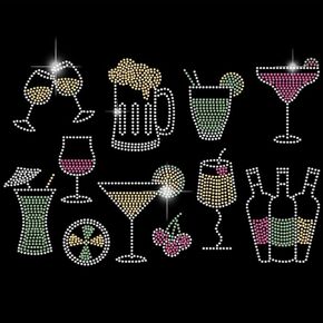 SUPERDANT Iron on Rhinestones Transfer Drinks Cups Bling Decals Red T-Shirt Crystal Heat Transfer Hot Fix Stickers 11 Patterns Wine Glass Cocktail Patch Crystal Decor for Women Clothing DIY Art Craft