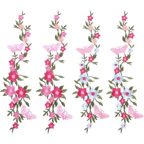 4 pcs Flower Butterfly Embroidery Patches, Long Floral Iron on Appliques Butterfly Flower Embroidered Iron On Patches for Clothes Dresses Decorative DIY Craft Sewing