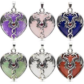 6 Pieces Crystal Dragon Pendants for Men Women Heart Shaped Alloy Dragon Inlay Design Natural Gemstone Quartz Charm for Jewelry Making Necklace