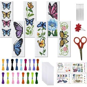 FREEBLOSS 6 Set Butterfly Cross Stitch Bookmark Kit Stamped Cross Stitch Kit Stamped Embroidery Bookmark with Instruction Cross Stitch Kits for Adults DIY Bookmark Kit 8.66''x3.14''